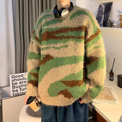 fall fashion Contrast Color Sweater Men's Japanese Irregular Color Matching High-Grade Loose Sweater Lazy Style Casual Sweater