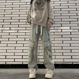 techwear outfits Autumn and Winter Jeans Men's Loose Straight American Retro High Street Multi-Pocket Elastic Wide-Leg Overalls