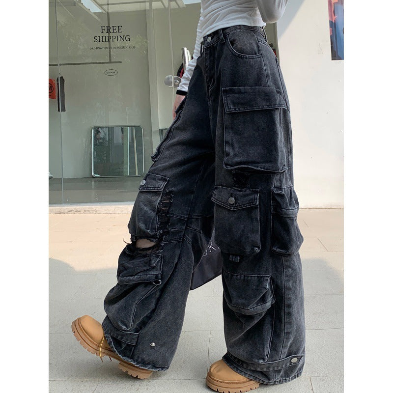 non binary outfits American-Style Washed Worn Multi-Pocket Workwear Jeans Women's Street Straight Loose Wide-Leg Trousers