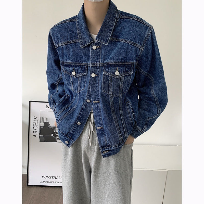 outfit ideas Fit Light Blue Workwear American Shoulder Pad Ean Denim Coat Men's Jacket High Street CL Spring and Autumn Shoulder Short