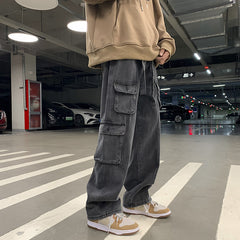 90s fashion men Multi-Pocket Workwear Jeans Men's Autumn and Winter Ins Street Hip Hop Casual All-Match Wide-Leg Mopping Trousers