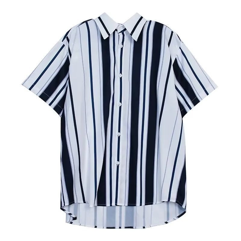 90s fashion men Prohibited Ice Silk Draping Striped Short Sleeve Shirt Men's Ins Hong Kong Style Summer Half Sleeve Casual Shirt Fashion