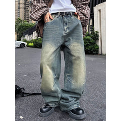 90s streetwear American High Street Vintage Washed Distressed Slimming Jeans Men's Loose Straight Drape Wide Leg Mop Long Pants Fashion