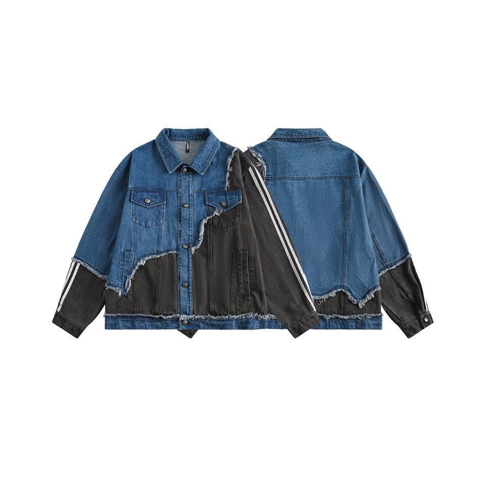 90s fashion men Fashionable Irregular Stitching Design Sense Workwear Denim Jacket Men's Spring and Autumn Loose Trendy Casual All-Matching Jacket