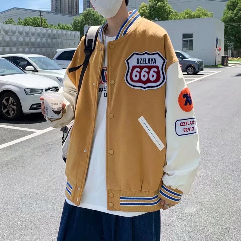 90s fashion men Baseball Jacket Men's Spring and Autumn Loose Korean Style Trendy Ins Stitching Contrast Color Letter Casual Top Coat