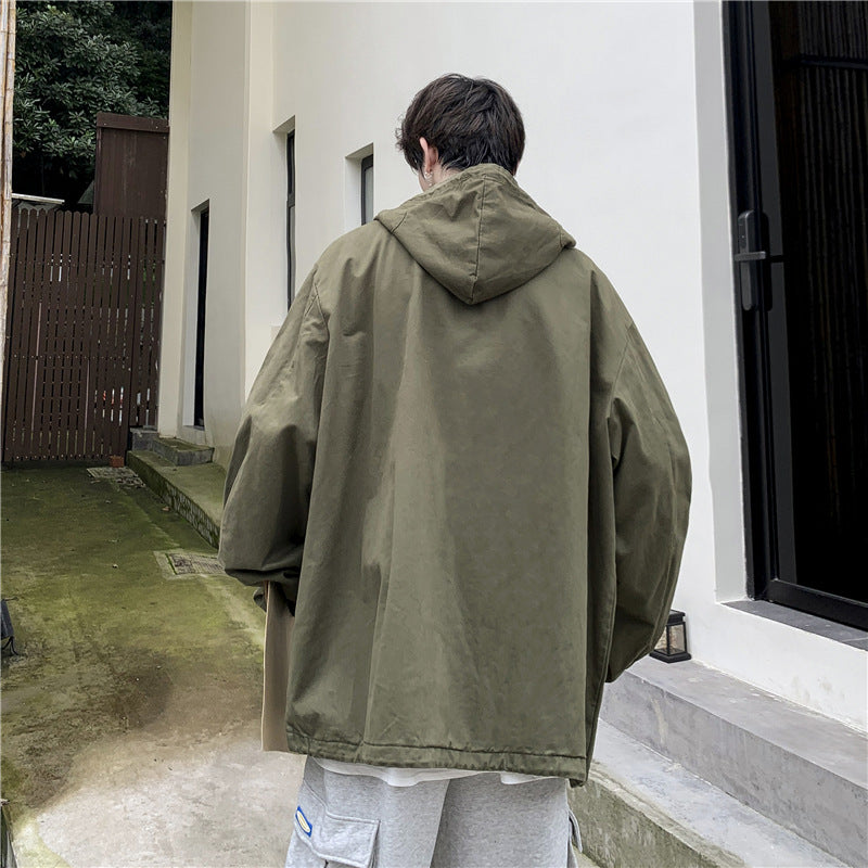 90s fashion Workwear Sweater Men's Japanese Ins Spring and Autumn Hooded Top Loose Pullover Casual Jacket