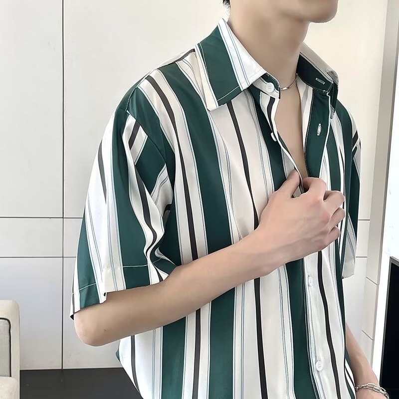 90s fashion men Prohibited Ice Silk Draping Striped Short Sleeve Shirt Men's Ins Hong Kong Style Summer Half Sleeve Casual Shirt Fashion