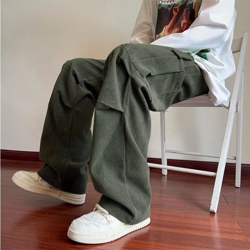 boy outfits Corduroy Overalls Men's Spring New Loose Straight Pants Trendy All-Match Wide-Leg Sports Casual Trousers