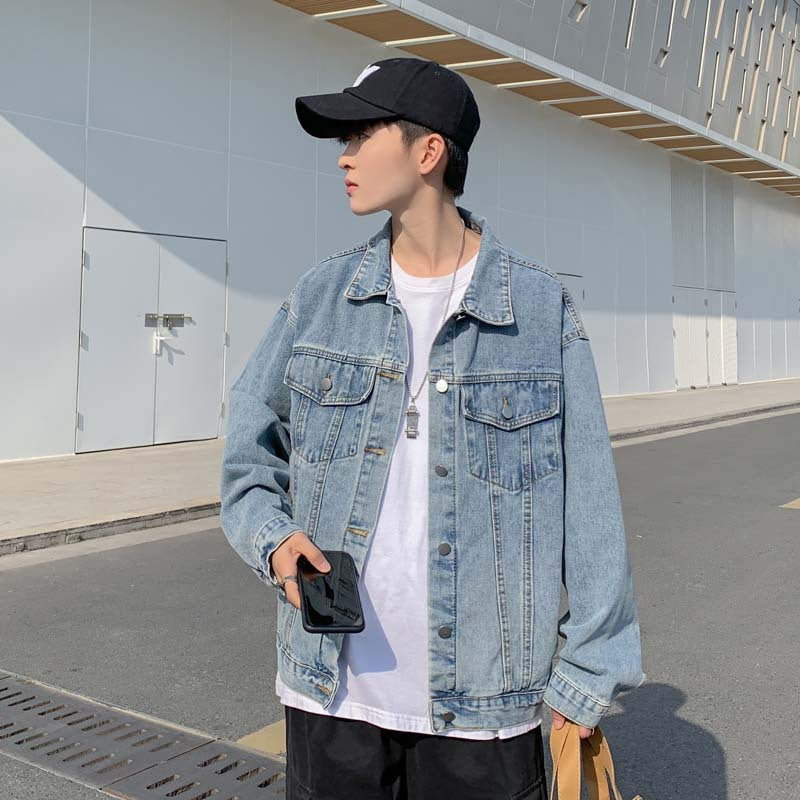 carhartt jacket outfit New Hong Kong Style Denim Coat Korean Style Loose Harajuku Style Bf Mid-Length Men's Denim Jacket Top