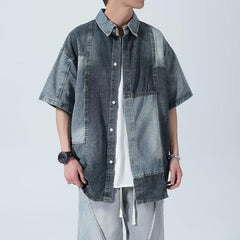 90s fashion men American-Style Retro Niche Stitching Denim Short-Sleeved Shirt Men's Shirt Junior Shirt Coat Women's Fashion