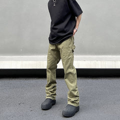 90s fashion men American Vibe Style Army Green Logging Overalls Ins Straight Micro Flared Trousers Cleanfit Pants