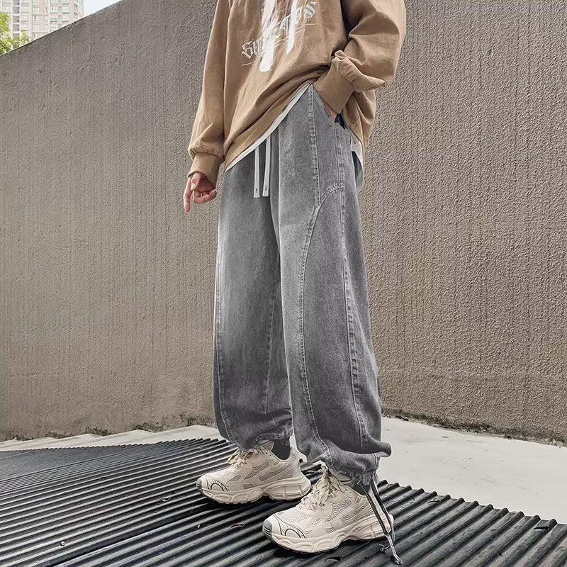 90s streetwear Straight Jeans Men's Spring and Autumn Japanese Men's Washed Blue Loose Wide-Leg Casual Ankle-Tied Pants Men's