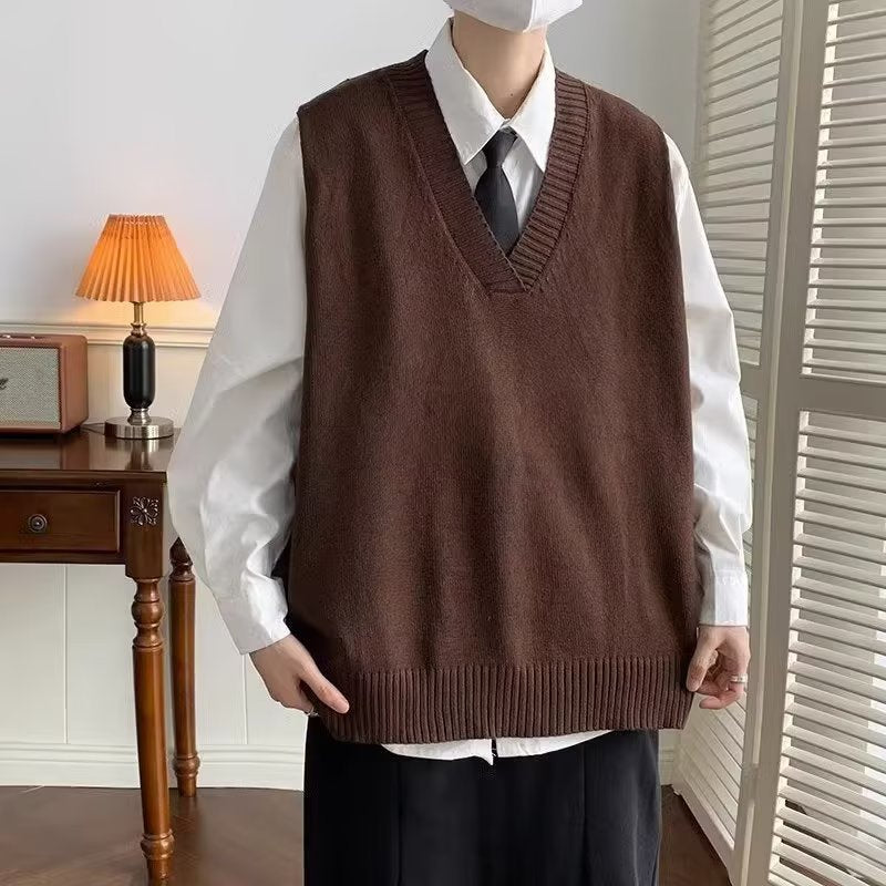 boy outfits V-neck Sweater Men's Japanese Style Lazy Retro Men's Knitted Vest Autumn and Winter Loose Hong Kong Style Waistcoat