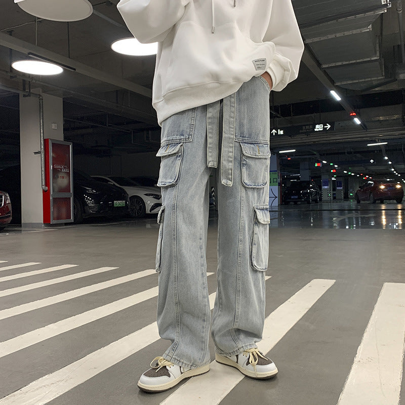 90s fashion men Multi-Pocket Workwear Jeans Men's Autumn and Winter Ins Street Hip Hop Casual All-Match Wide-Leg Mopping Trousers