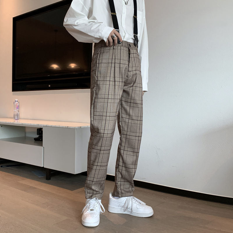 90s fashion men Autumn Ins Fashion Brand Straight Casual Trousers Men's Retro Workwear Suspender Pants Detachable Korean Plaid Suspender Pants