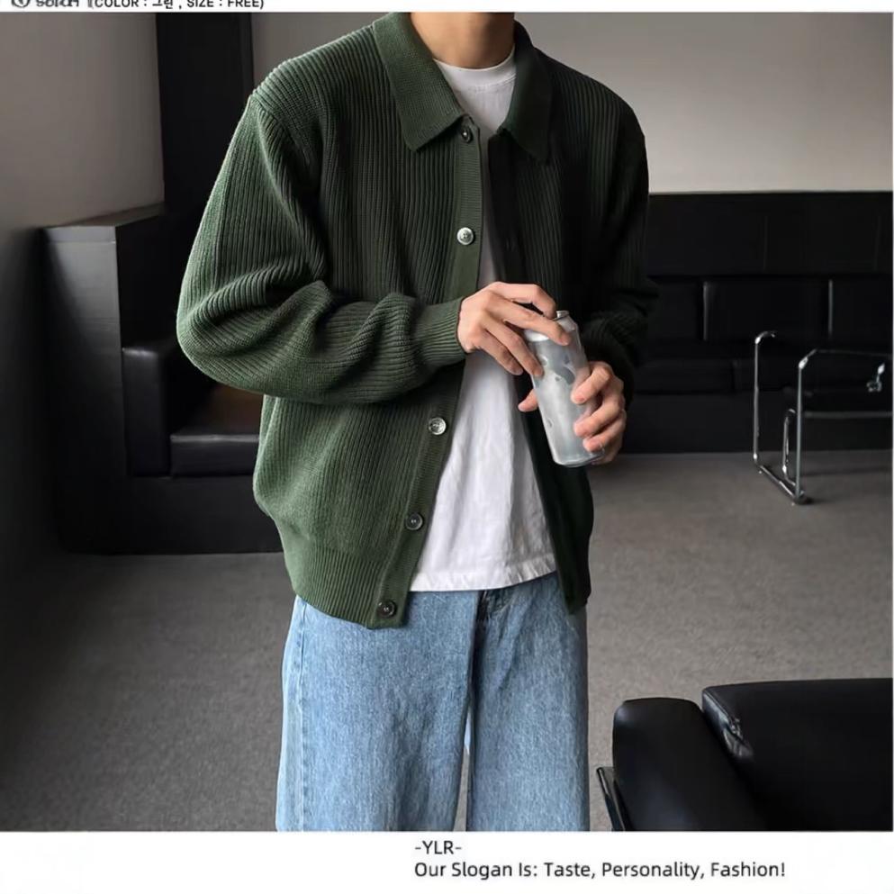 classy outfits men Autumn and Winter Dark Green Lapel Sweater Cardigan Coat Men's Loose Lazy Style Sweater Korean Men's Fashion Casual