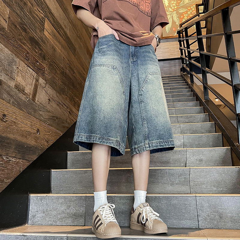 90s streetwear American Retro Workwear Denim Shorts Men's Summer Versatile High Street Vibe Loose Washed Wide-Leg Shorts