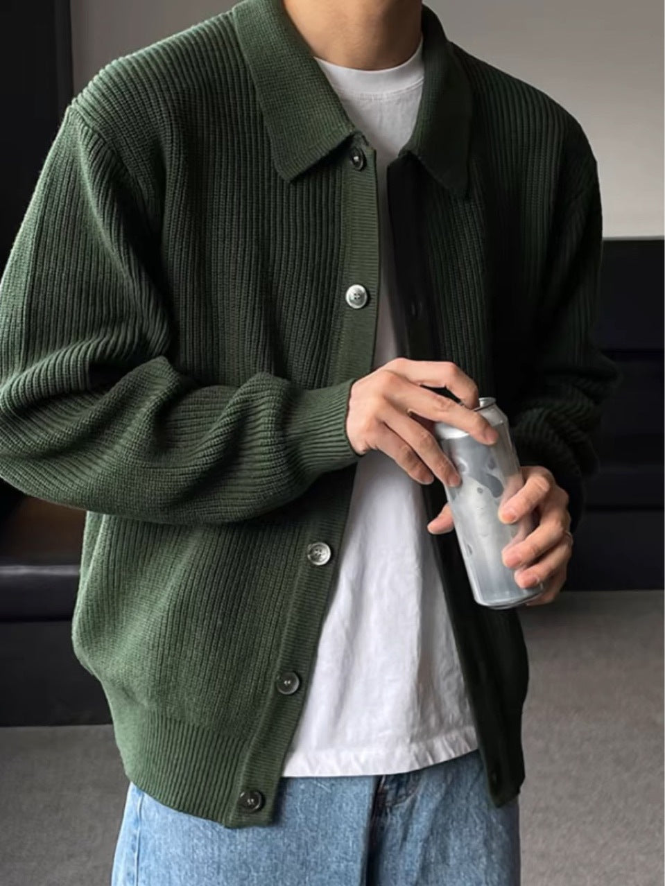 classy outfits men Autumn and Winter Dark Green Lapel Sweater Cardigan Coat Men's Loose Lazy Style Sweater Korean Men's Fashion Casual