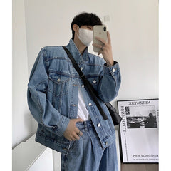 outfit ideas Fit Light Blue Workwear American Shoulder Pad Ean Denim Coat Men's Jacket High Street CL Spring and Autumn Shoulder Short