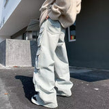 Bonsir mens fashion Retro American-Style Large Pocket Jeans Men's High Street Vibe Wide-Leg Pants Niche Workwear Ruan Handsome Trousers