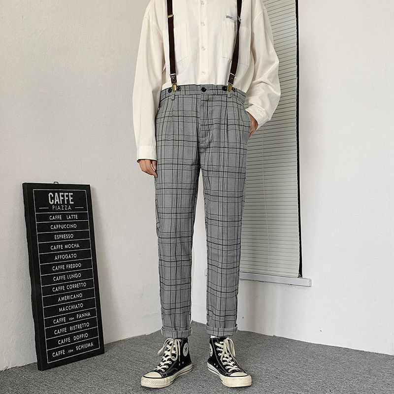 90s fashion men Autumn Ins Fashion Brand Straight Casual Trousers Men's Retro Workwear Suspender Pants Detachable Korean Plaid Suspender Pants