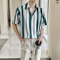 90s fashion men Prohibited Ice Silk Draping Striped Short Sleeve Shirt Men's Ins Hong Kong Style Summer Half Sleeve Casual Shirt Fashion