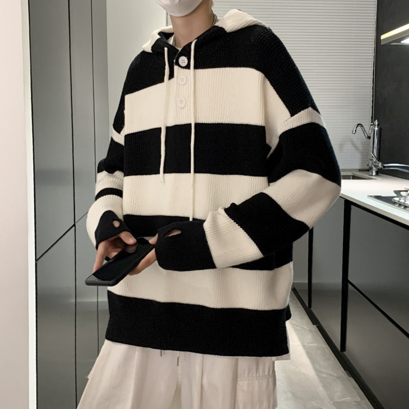 skater boy outfits Retro Striped Sweater Sweater Men's Autumn and Winter Japanese Loose Ins Trendy Sports Hooded Sweater Coat