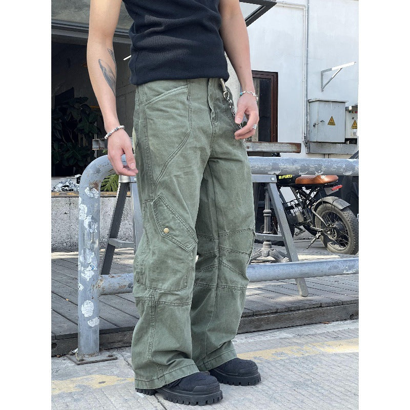 guys clothing styles 2024 American Retro Washed Stitching Straight Workwear Jeans Men's and Women's Draping Loose Casual Pants