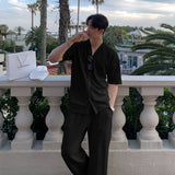 Bonsir classy outfits men Summer 2024 Korean Style Trendy Suit Men's High-Grade V-neck Ice Silk Short-Sleeved Shirt Ice Suit Joofoo
