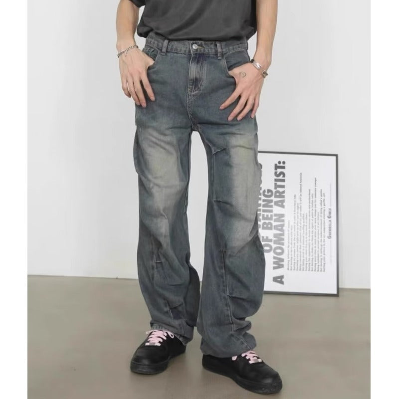 90s fashion men American Retro High Street Irregular Pleated Design Jeans Men and Women Couple Niche Ruffle Handsome Casual Pants