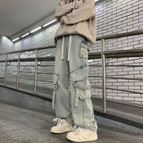 Bonsir techwear outfits Autumn and Winter Jeans Men's Loose Straight American Retro High Street Multi-Pocket Elastic Wide-Leg Overalls