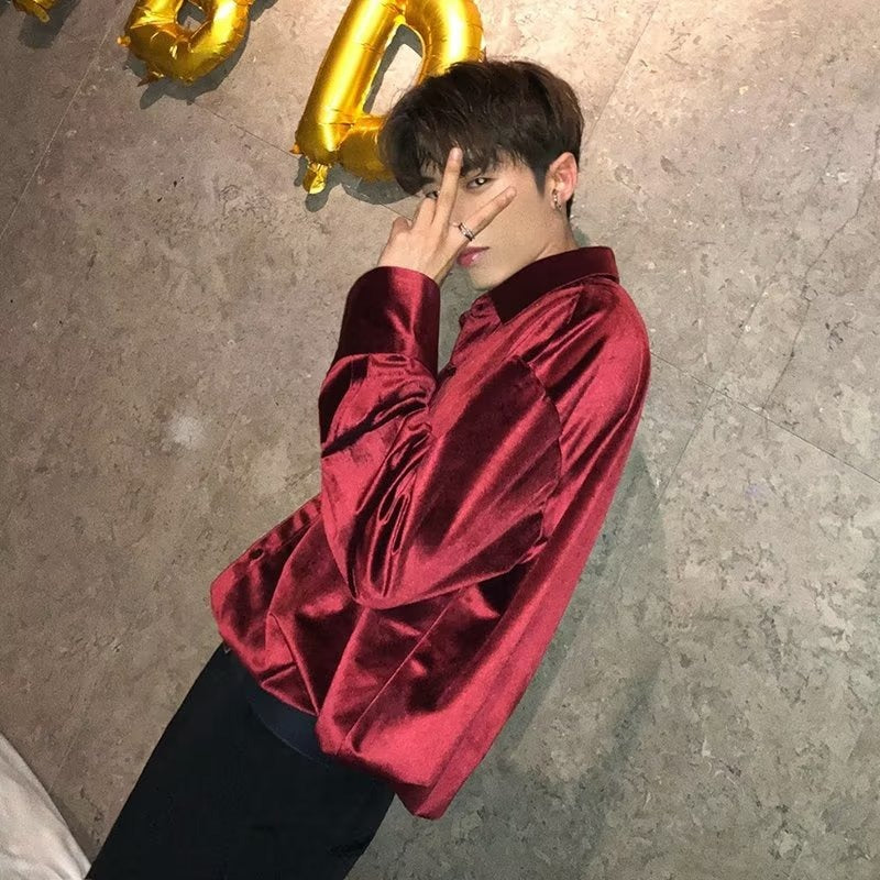 90s fashion men New Men's Korean-Style Shirt Men's Long-Sleeved Summer Korean-Style Loose Wine Red Shirt Men's Thin Inner Fashion