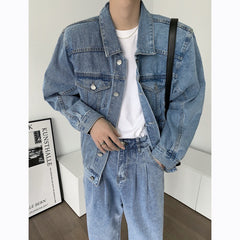 outfit ideas Fit Light Blue Workwear American Shoulder Pad Ean Denim Coat Men's Jacket High Street CL Spring and Autumn Shoulder Short