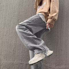 90s streetwear Straight Jeans Men's Spring and Autumn Japanese Men's Washed Blue Loose Wide-Leg Casual Ankle-Tied Pants Men's