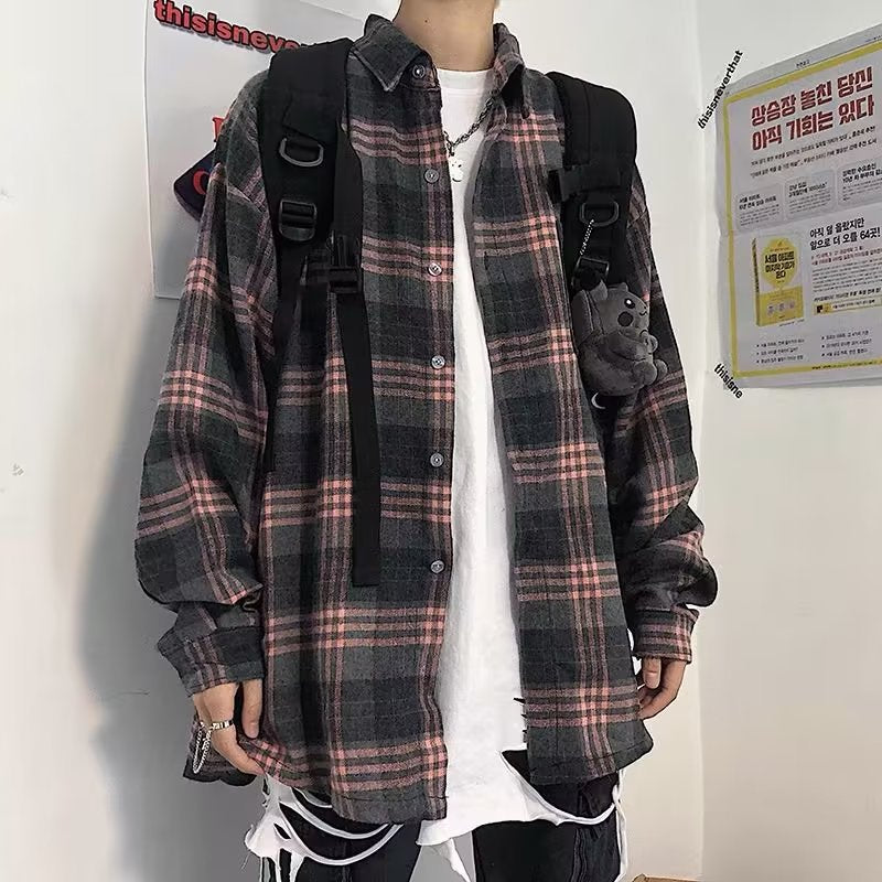 fall mens outfits Plaid Shirt Men's Long Sleeve Spring and Autumn Loose Retro Trendy Lazy Style Korean Style Ruan Handsome Inner Short Sleeve Shirt Jacket