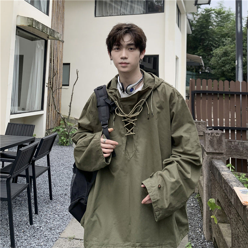 90s fashion Workwear Sweater Men's Japanese Ins Spring and Autumn Hooded Top Loose Pullover Casual Jacket