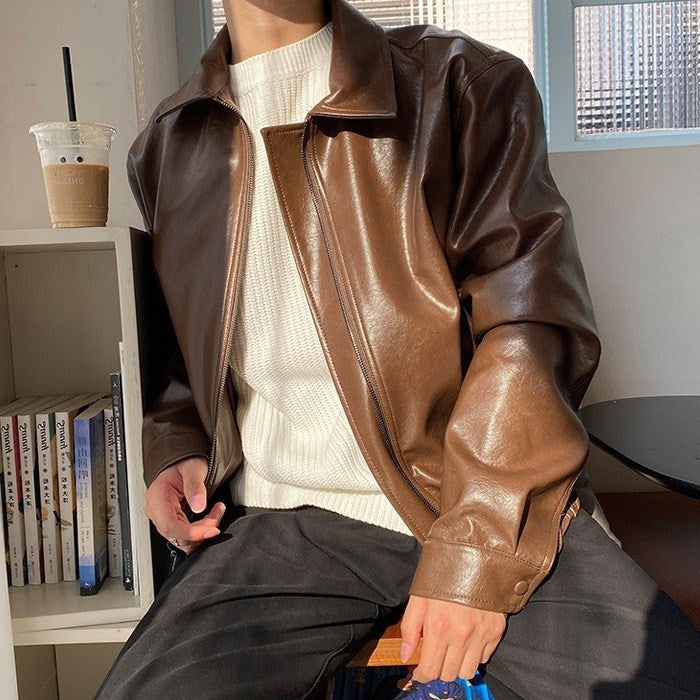 fall outfits men Retro Youth Short Leather Jacket Men's Loose Korean Style Motorcycle Jacket Pilot Leather Jacket Fashion