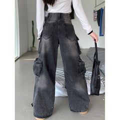 non binary outfits American-Style Washed Worn Multi-Pocket Workwear Jeans Women's Street Straight Loose Wide-Leg Trousers