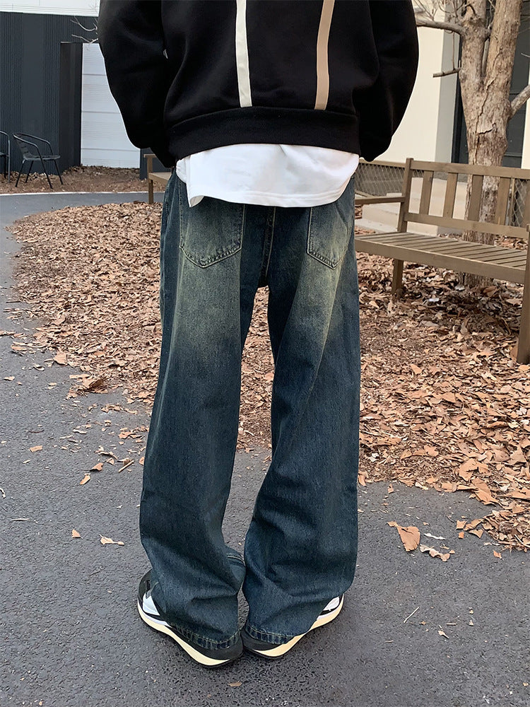 90s streetwear American Retro Spring and Autumn Blue Jeans Men's Washed Distressed Ins Loose Straight Fashion All-Match Long Pants