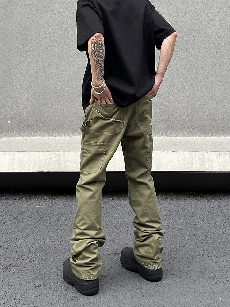 90s fashion men American Vibe Style Army Green Logging Overalls Ins Straight Micro Flared Trousers Cleanfit Pants