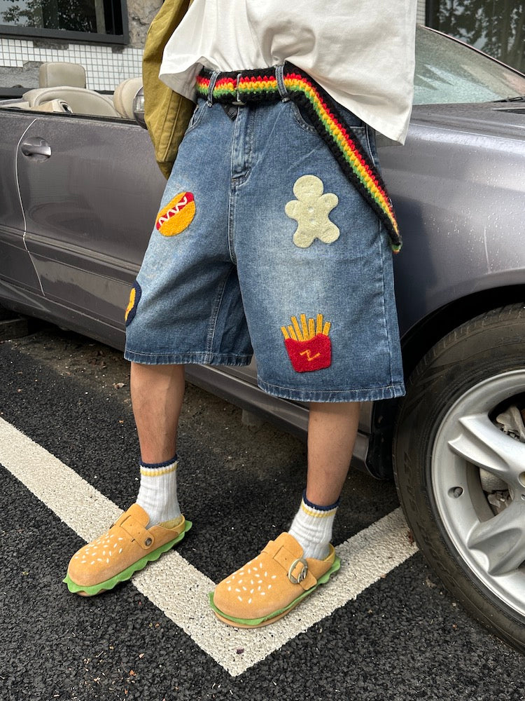 90s streetwear American Retro Creative French Fries Hot Dog Towel Embroidered Denim Shorts Men's and Women's High Street Straight Loose Wide-Leg Shorts