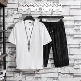 BONSIR  -  Summer New Loose Two Piece Set Men's Short-sleeved T-shirt Drawstring Pants Korean Wrinkle Sports Casual Suit Trend Men Clothes
