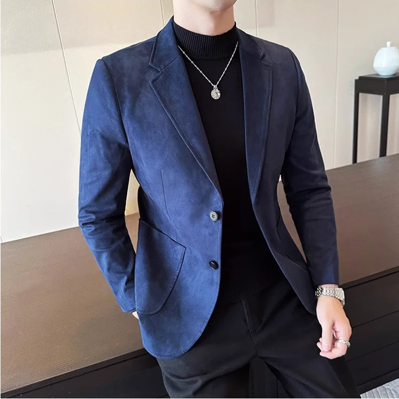 Bonsir High Quality Deer Skin Velvet Suit Jackets Men's Fashion Slim Fit Solid Color Business Casual Tuxedo/Man Warm Blazers Coats