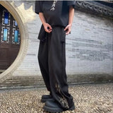 BONSIR  -  National Style Bamboo Embroidery Men's Summer Trend Ice Silk Loose Wide Leg Straight Pants