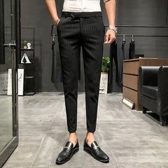 BONSIR   -  British Style Suit Pants Men Dress Pants Social Slim Fit Office Trousers Men Grey Spring New Striped Belt Trousers Men's