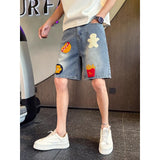 BONSIR  -  Retro hamburger fries towel embroidered denim shorts for men and women loose summer new straight wide-leg five-point trousers