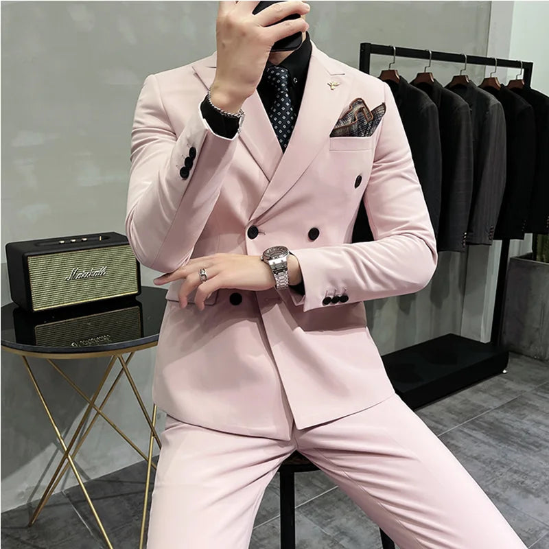 Bonsir New Pale Pink Men's Suit 3 Pieces Double-Breasted Lapel Formal Slim Fit Casual Tuxedos For Wedding (Blazer+Vest+Pants)