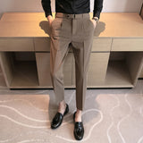 Bonsir Men Spring Autumn Belt Decoration Casual Dress Pants Fashion Slim Fit Suit Pants Streetwear Social Business Men Trousers