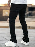 BONSIR  -  Men's Slim Fit Black Jeans - Street Style, Cotton Blend, Mid-Stretch Fabric, Ripped Detail, All-Season Wear