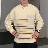 Bonsir Spring and Autumn Men's Fashion Simple Round Neck Spliced Stripe Long Sleeve Loose Casual Thin Versatile Sweater T-shirt
